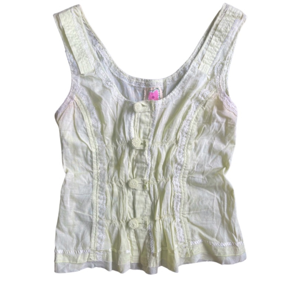 Vintage Free People Button Down Tank Top w Embroidered Buttons in Light Green